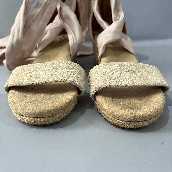 UGG Trina Jute Suede Wedge Tan Espadrille Ankle Ribbon Tie Sandals Size 6.5 - Picture 12 of 13